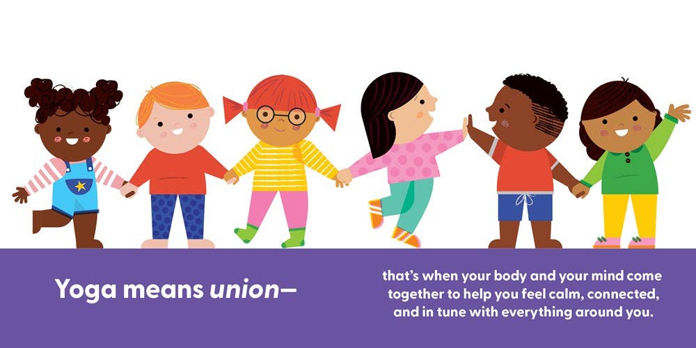 A colorful cartoon illustration of six children holding hands in a line, with a purple banner at the bottom containing the text 'Yoga means union—' and additional descriptive text on a white background.