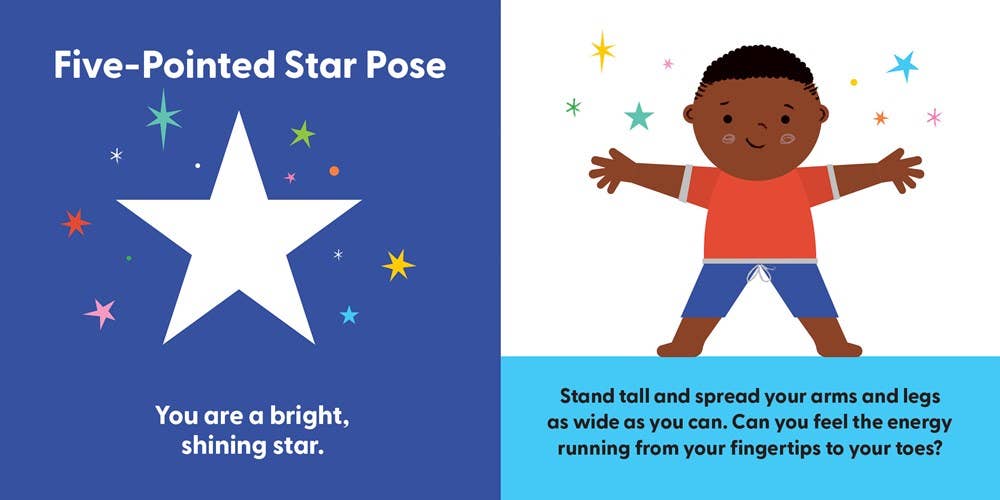 Illustration of a child in a five-pointed star pose with text on a blue background