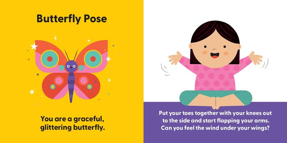 A children's pose/activity card titled 'Butterfly Pose' with a bright yellow left panel showing a colorful butterfly illustration and text, and a white right panel with a cartoon girl in a pink polka-dot outfit demonstrating the pose on a purple instruction panel.