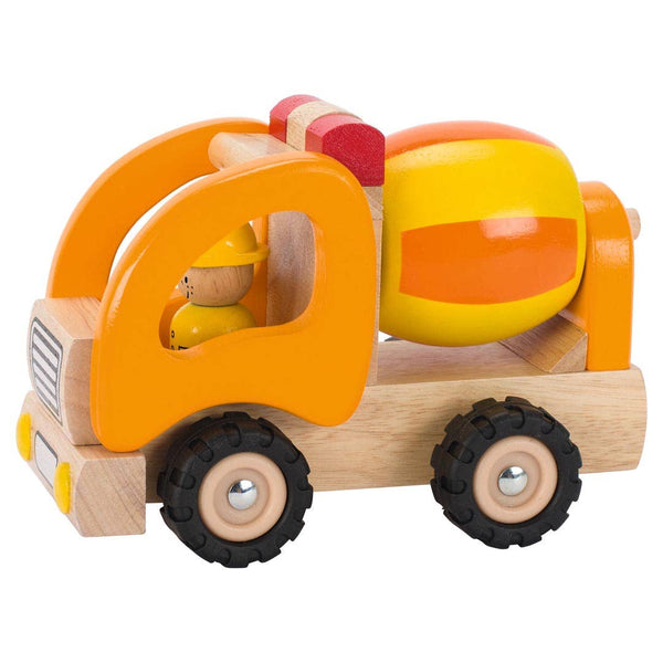 Wooden toy truck with a yellow mixer and driver figure on a white background