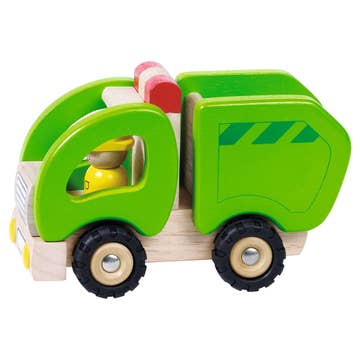 Green toy garbage truck with black wheels on a white background