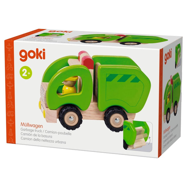 Goki toy garbage truck packaging on a white background