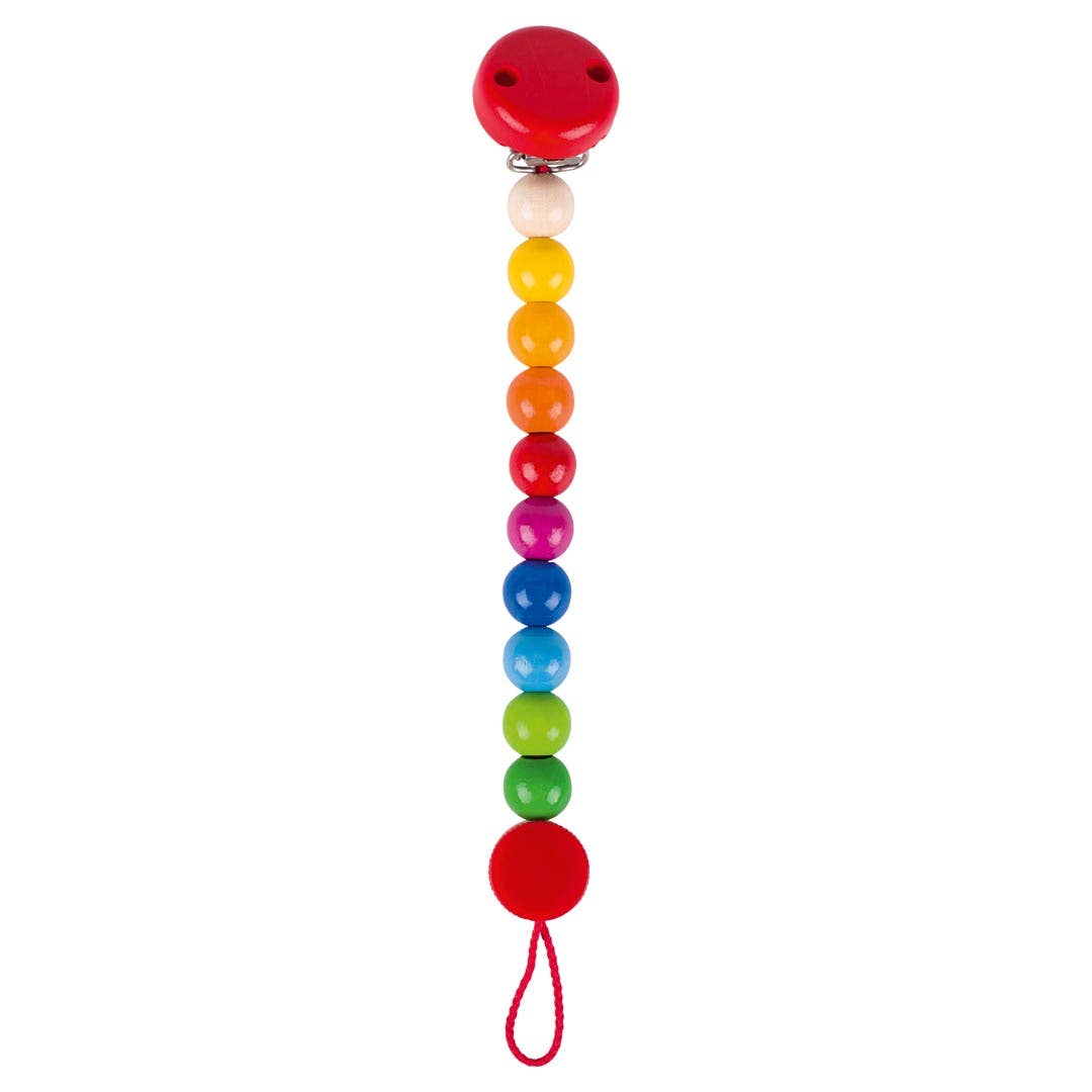 Colorful beaded pacifier clip with a red clip on a white background