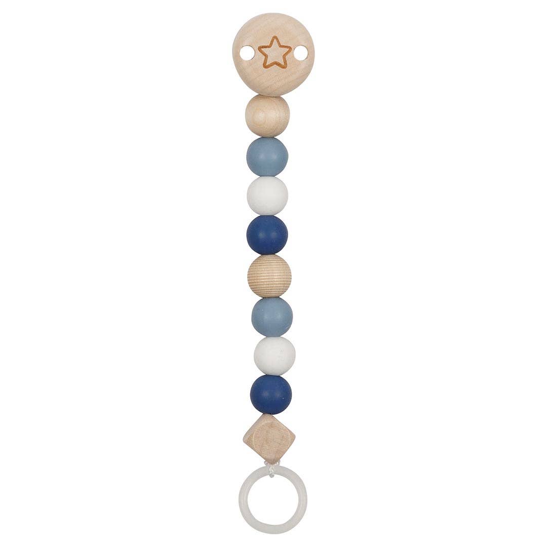 Teething ring with colorful beads on a white background