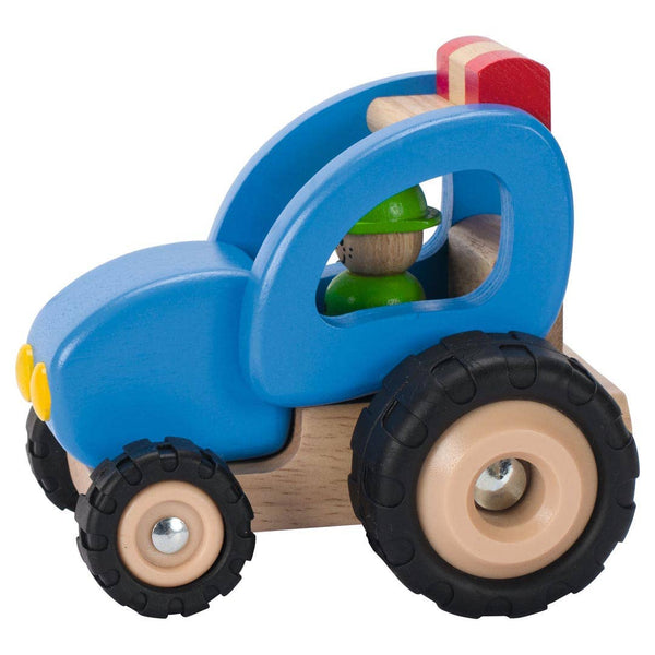 Wooden toy truck with colorful blocks on a white background