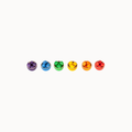 Six small round bowls arranged in a row on a plain white background, each filled with colorful round candies in purple, blue, green, yellow, orange, and red.
