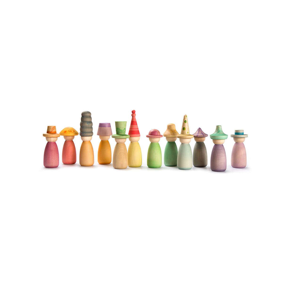 A set of colorful wooden toy figures with different shaped heads and hats, arranged in a row on a plain white background.