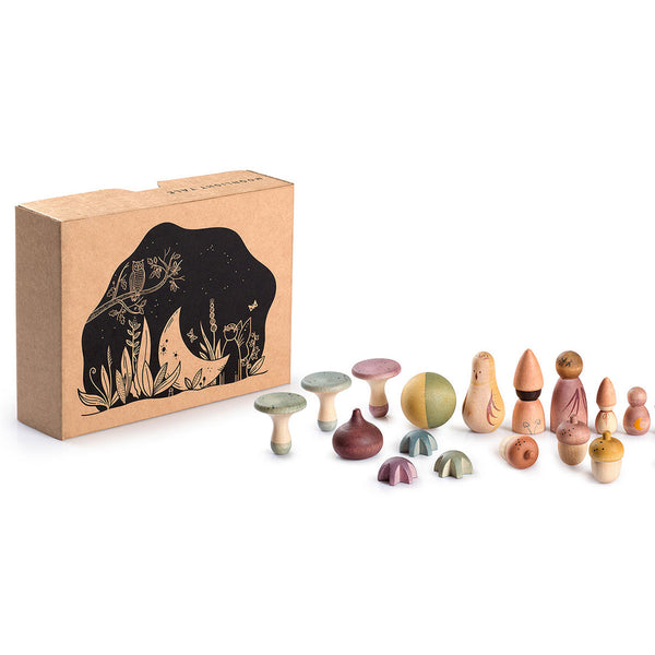 Set of wooden mushroom and character toys with a decorative box on a white background