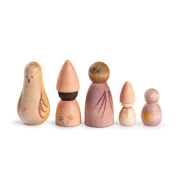 Set of five wooden peg dolls with unique designs on a white background