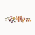 Set of colorful wooden mushroom-shaped toys on a white background
