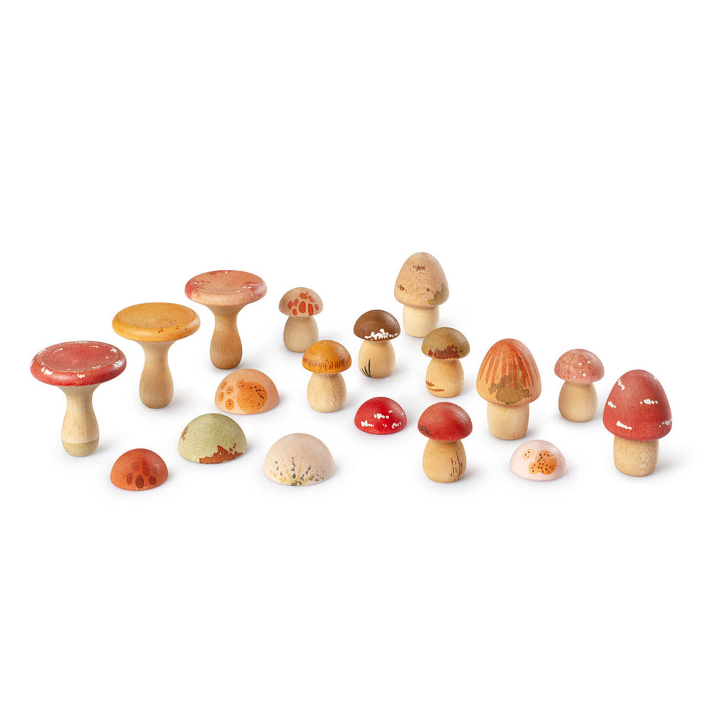 Set of colorful wooden mushrooms on a white background