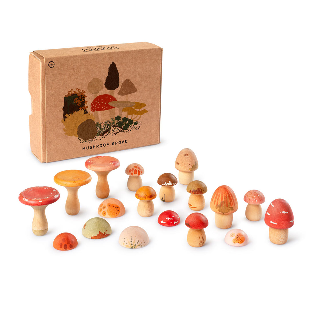 Set of wooden mushroom toys with a cardboard box labeled 'Mushroom Grove' on a white background.