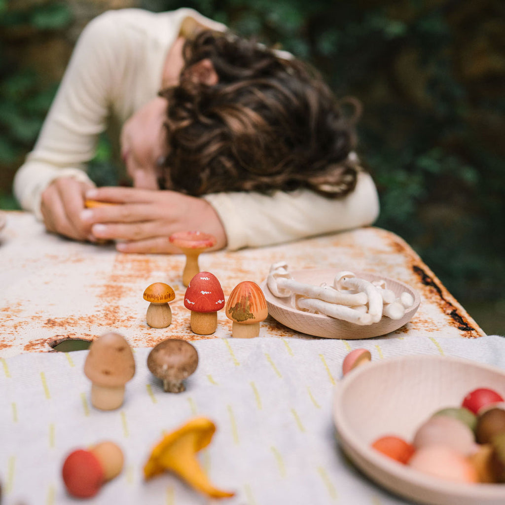 Person arranging wooden mushrooms on a table with natural background