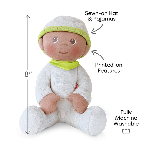 Stuffed toy with green hat and pajamas, labeled with features and dimensions on a white background.
