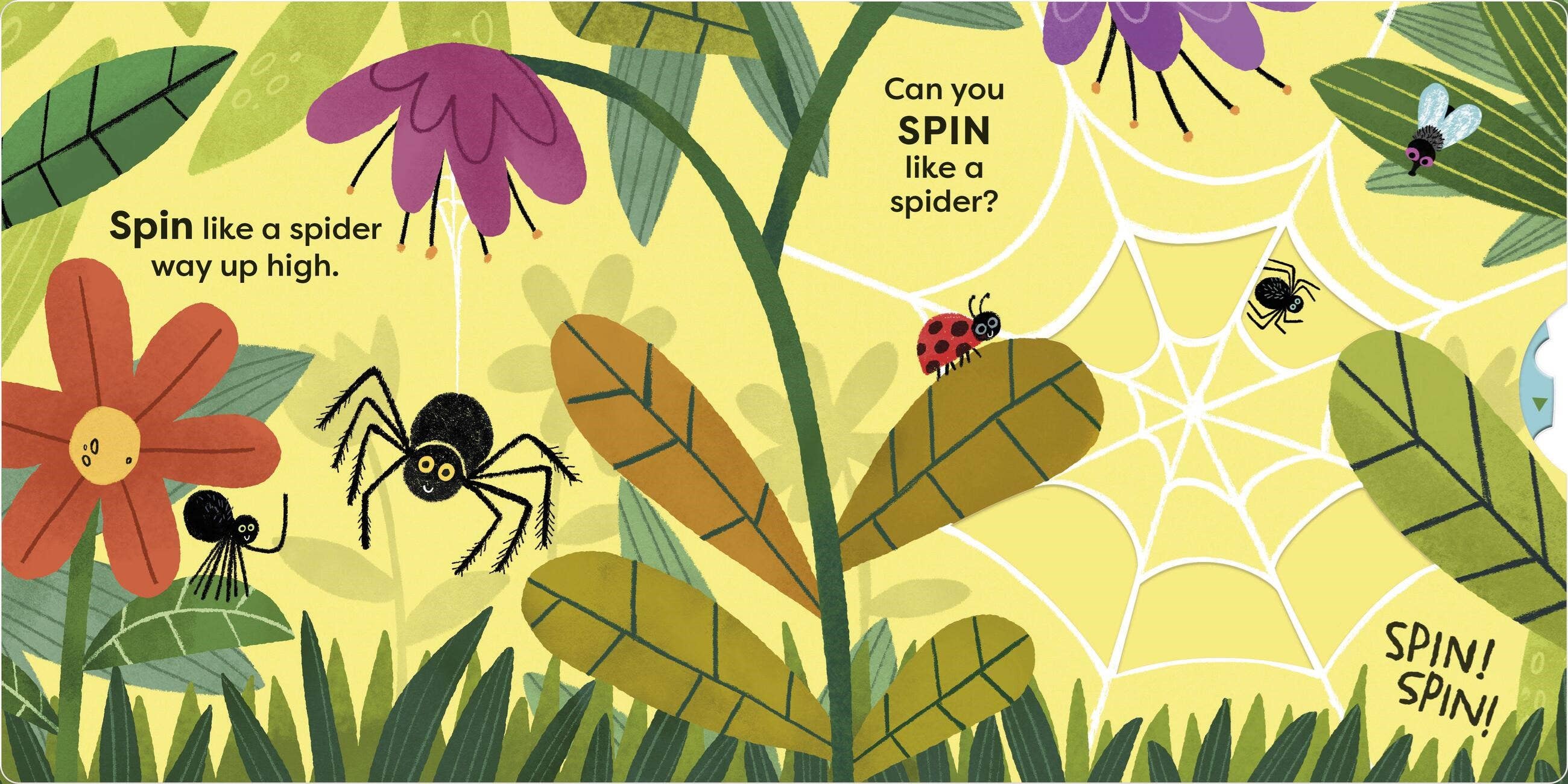 Illustration of a spider, ladybug, and ant on a web with text prompts for children.