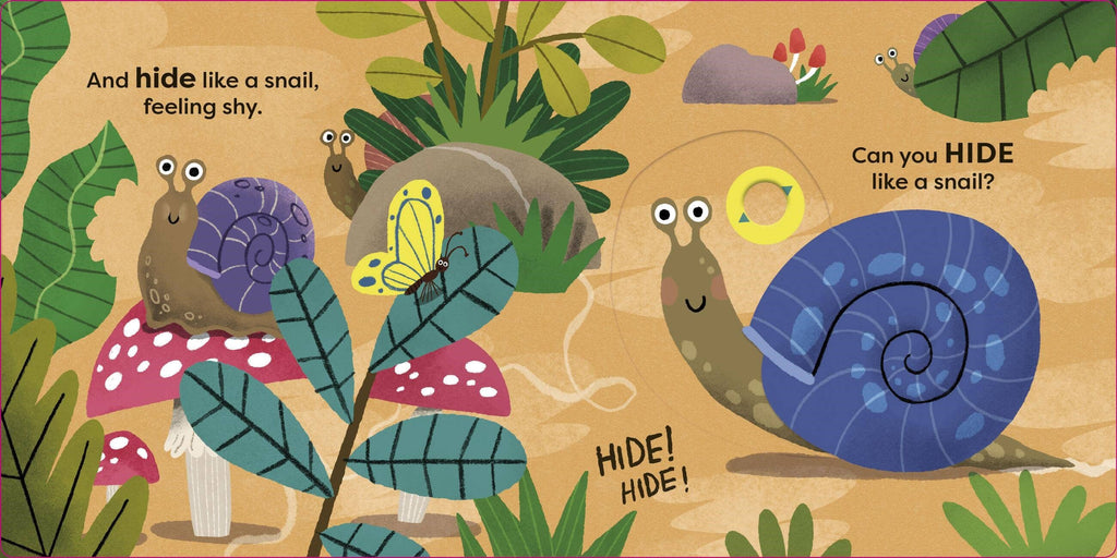 Children's book illustration with snails and text about hiding