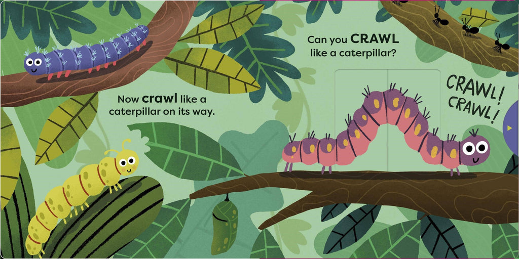 Illustration of caterpillars on a leafy branch with text prompts for movement.