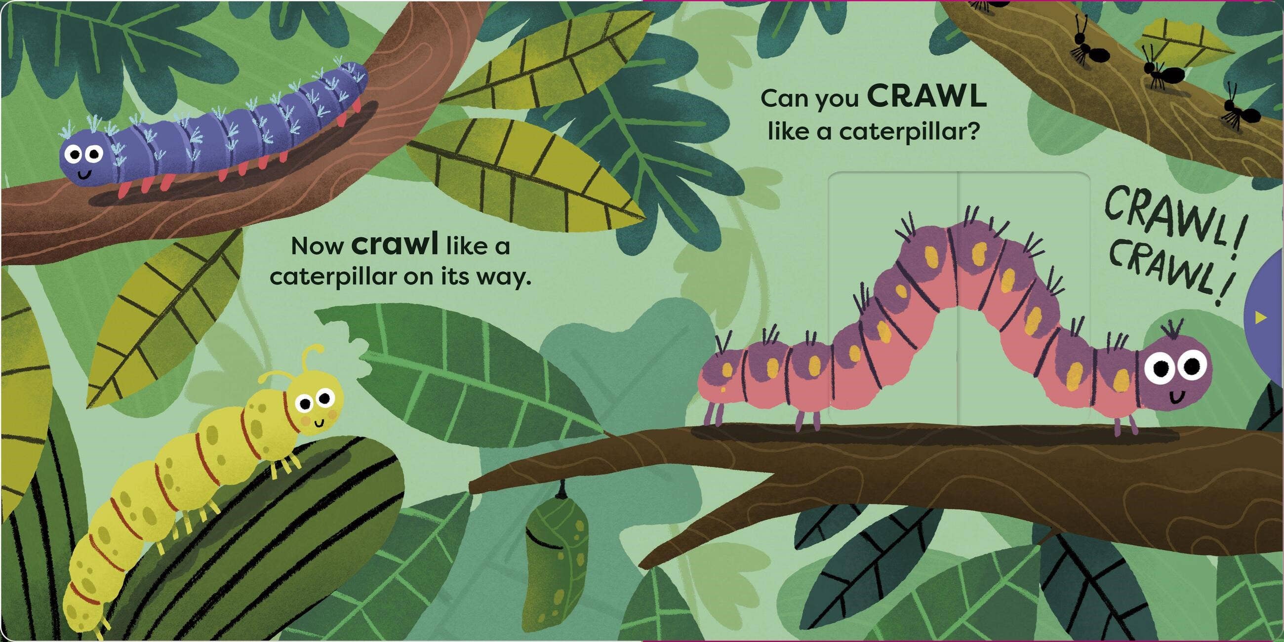 Illustration of caterpillars on a leafy branch with text prompts for movement.