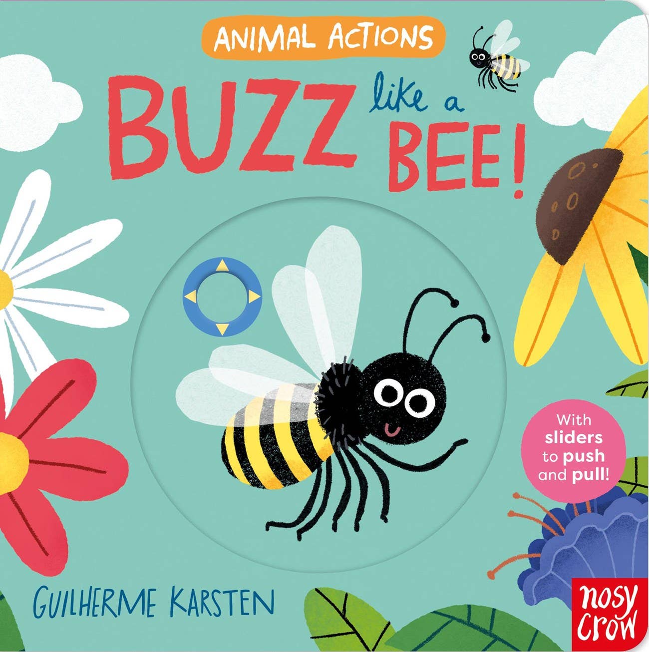 Book cover of 'Buzz Like a Bee!' with a bee illustration and colorful flowers on a blue background.