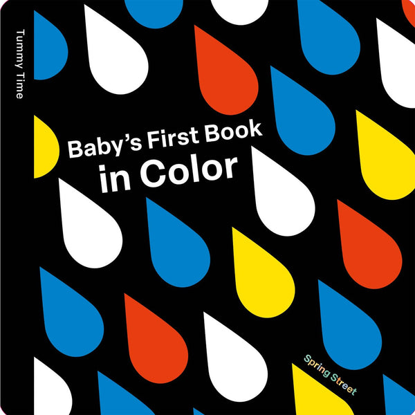 Book cover with colorful raindrop pattern and text 'Baby's First Book in Color' on a black background.