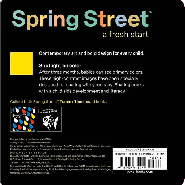 Back cover of Spring Street Tummy Time board books with branding and product information.