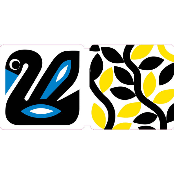 Abstract design with blue and black swan-like shape and yellow and black leaf pattern on a white background