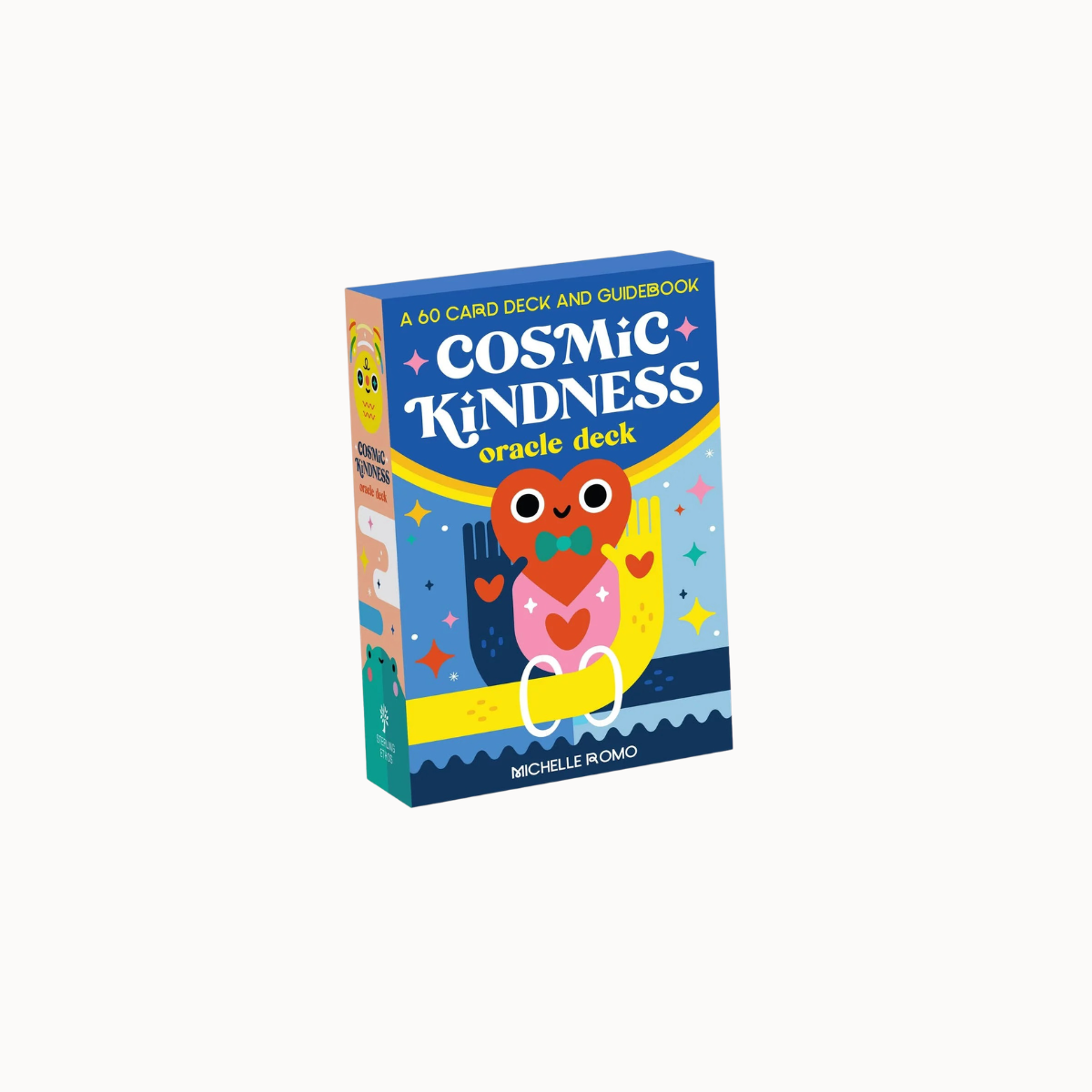 Cosmic Kindness Oracle Deck box by Michelle Rono, featuring a colorful cartoon owl illustration on a blue background with yellow stars and text.