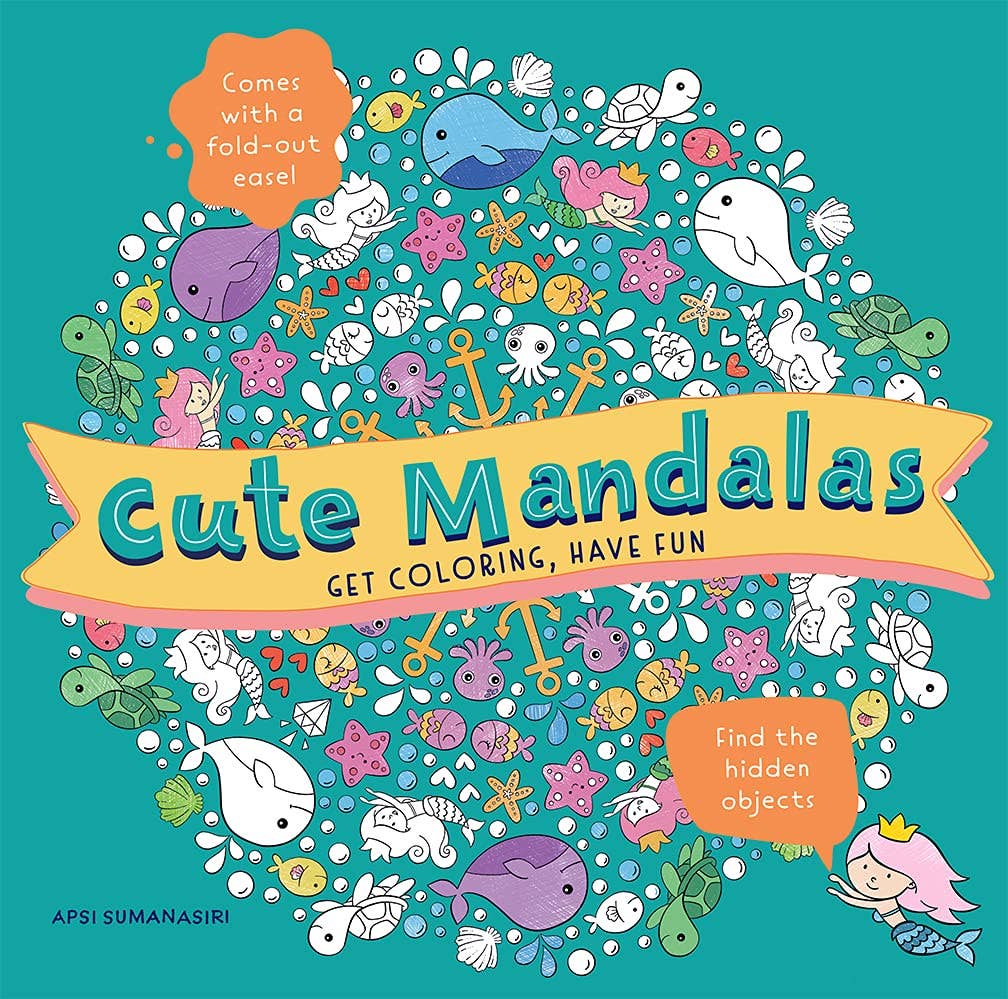 Colorful book cover of 'Cute Mandalas' with sea-themed illustrations on a teal background.