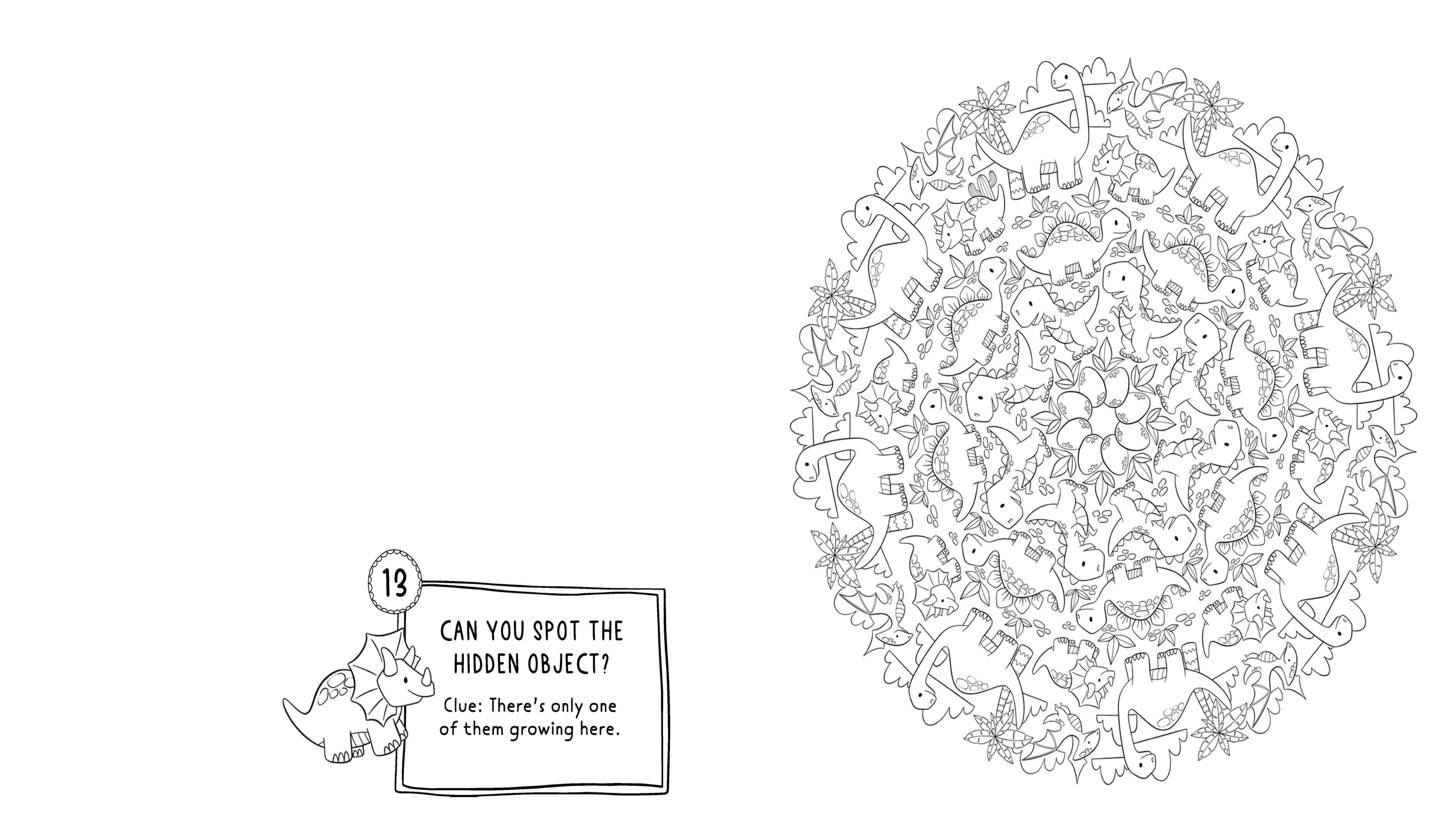 Black and white illustration of a circular pattern with a text box asking to find a hidden object.