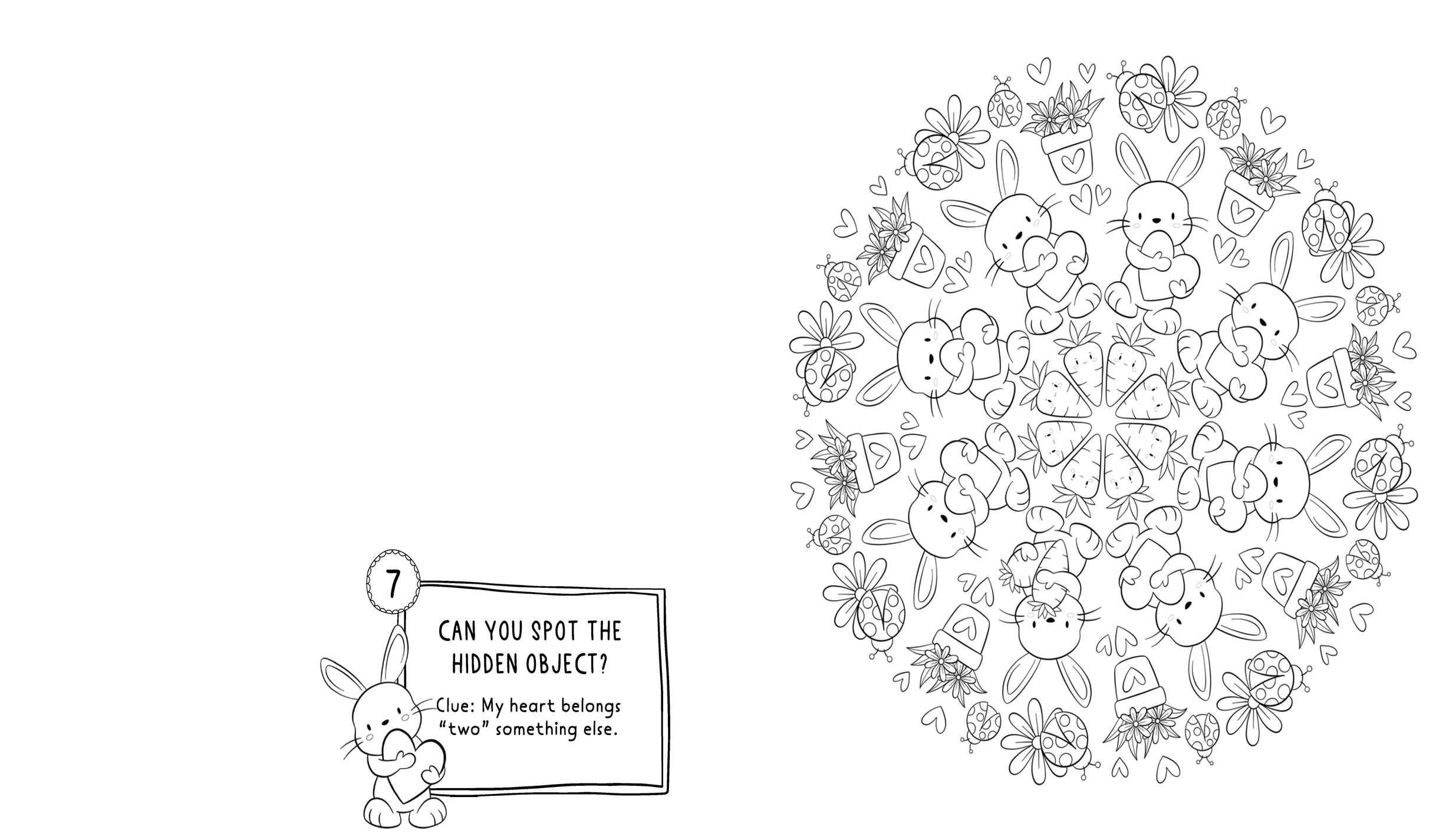 Black and white mandala with hidden object puzzle on a white background