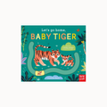 Baby Tiger board book cover by Germaine Butler, published by Nosy Crow. The cover features a vibrant teal background with an illustration of an adult and baby tiger, surrounded by jungle elements and a winding green path.