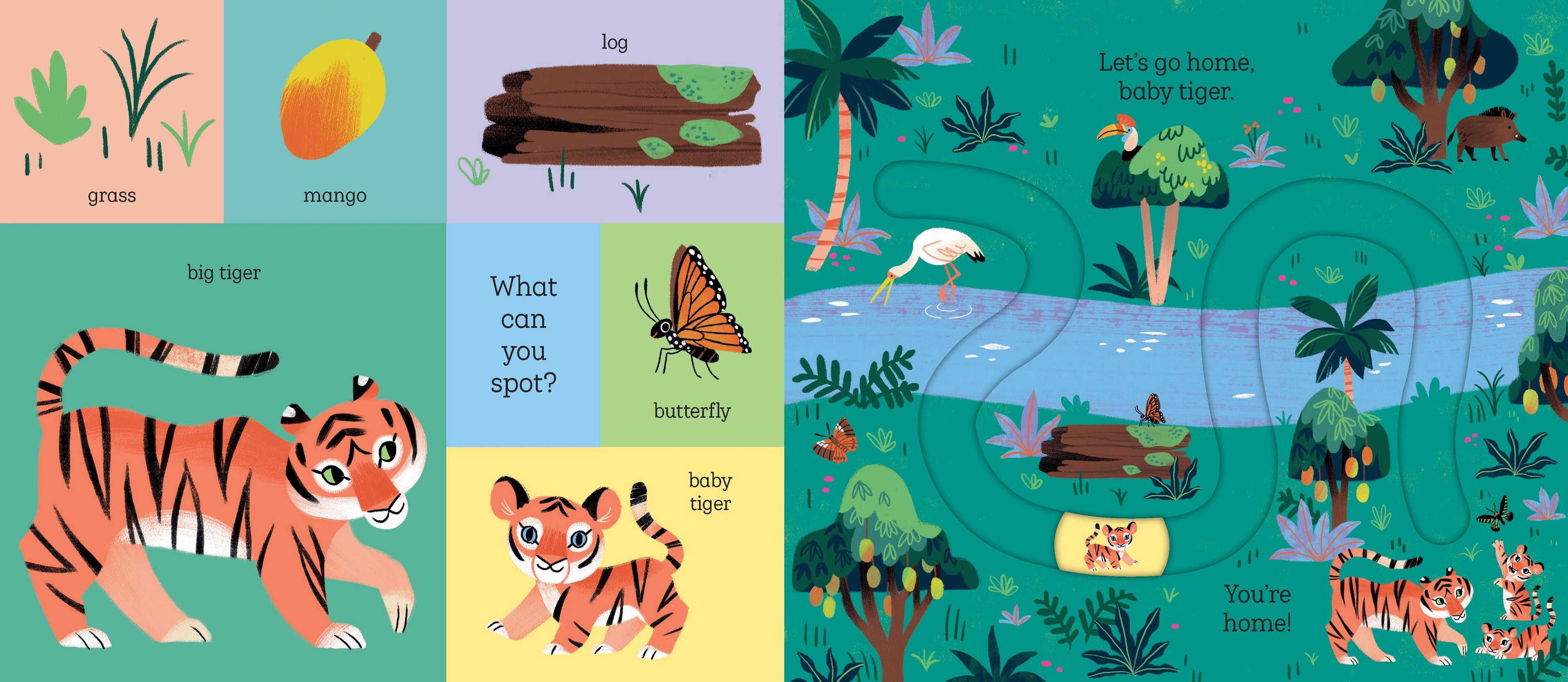Children's book page with illustrations of a tiger and its surroundings.