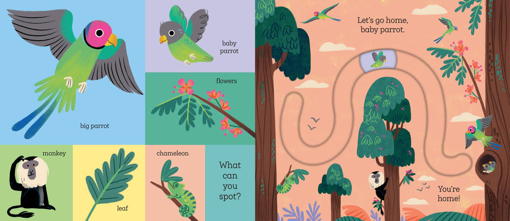 Children's book page with illustrations of a parrot, monkey, and chameleon, along with a maze.