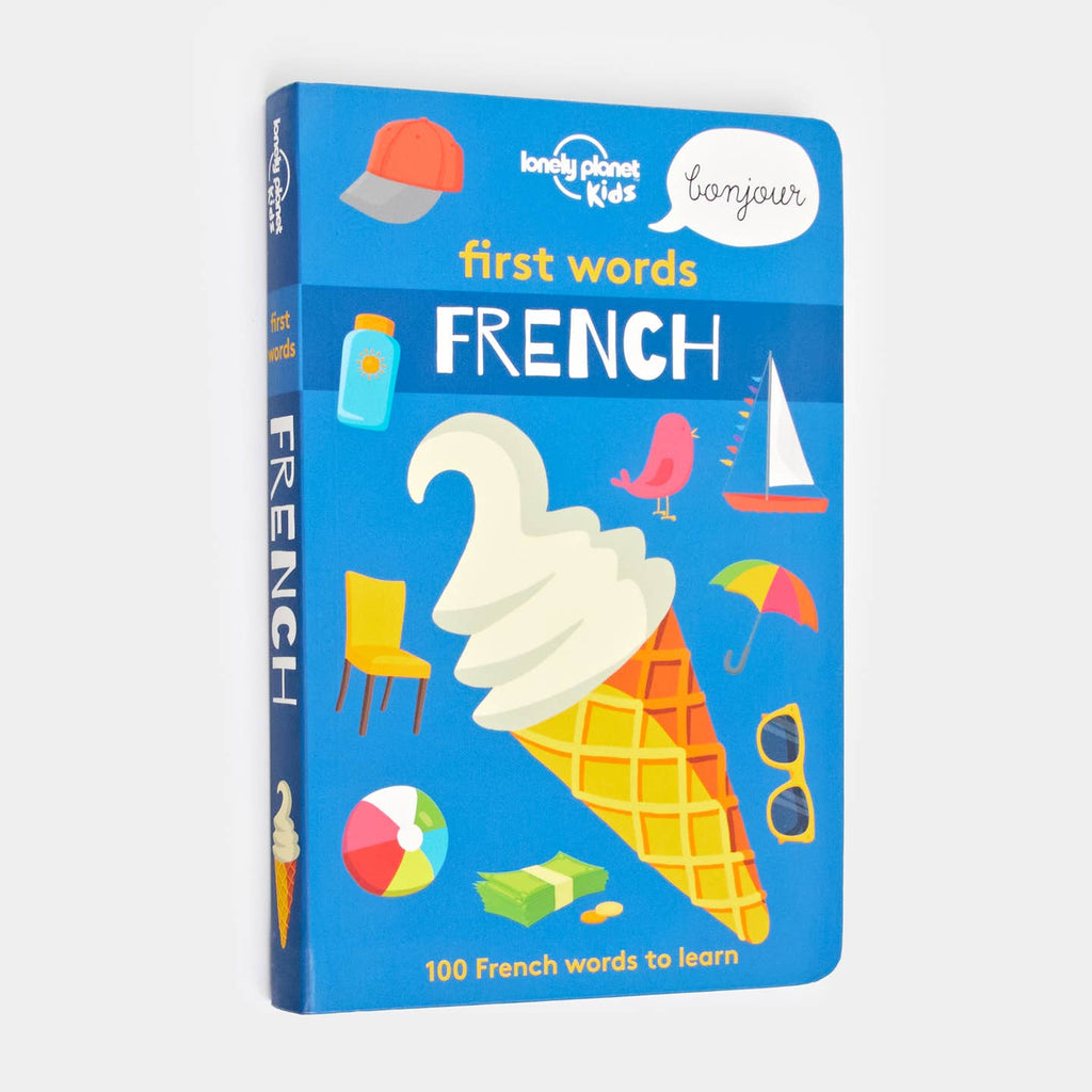 Children's book titled 'First Words French' by Lonely Planet Kids on a white background