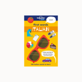 A children's educational book cover titled 'first words ITALIAN' from Lonely Planet Kids, featuring a bright yellow background with colorful illustrations of sunglasses, a tomato, a dinosaur, shoes, a postcard, a cake, a car, and a beach ball.