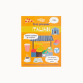 Lonely Planet Kids 'first phrases ITALIAN' children's book cover, featuring a bright orange background with colorful illustrations of an Italian market stall, pizza, coffee, popcorn, and speech bubbles.