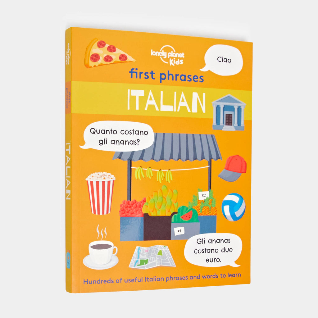 Book titled 'First Phrases Italian' by Lonely Planet Kids on an orange background