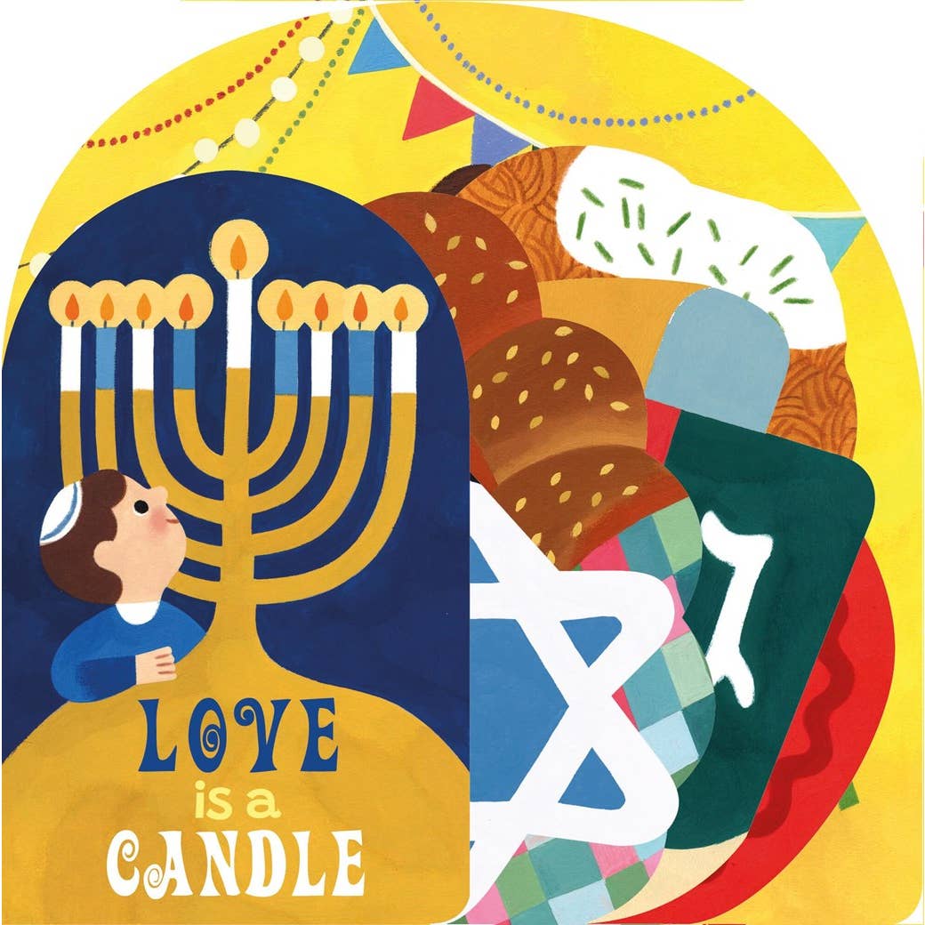 Illustration of a menorah with candles, a star of David, and text 'Love is a Candle' on a colorful background.