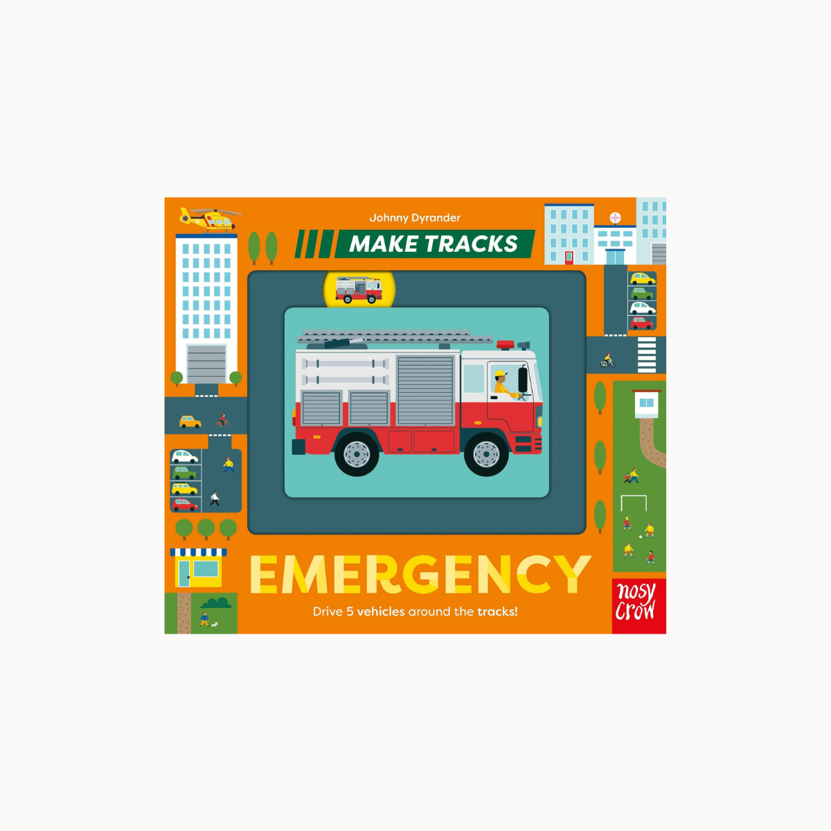 Children's board book titled 'EMERGENCY' by Johnny Daynder, featuring a colorful illustrated layout with a fire truck in the center and city street elements around it. The 'nasy Crow' brand logo is visible in the bottom right corner.