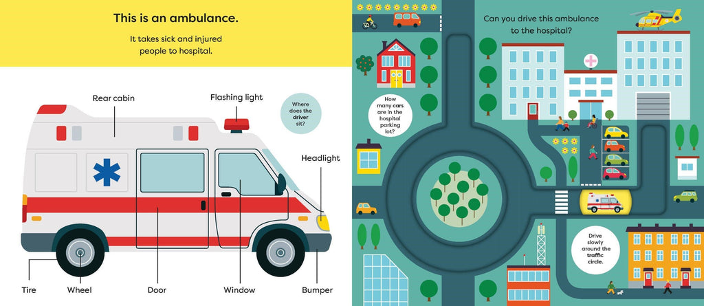 Educational illustration of an ambulance with labeled parts and a map showing its route.