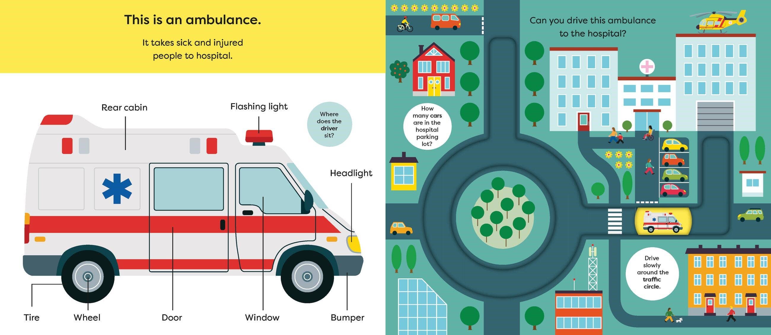 Educational illustration of an ambulance with labeled parts and a map showing its route.