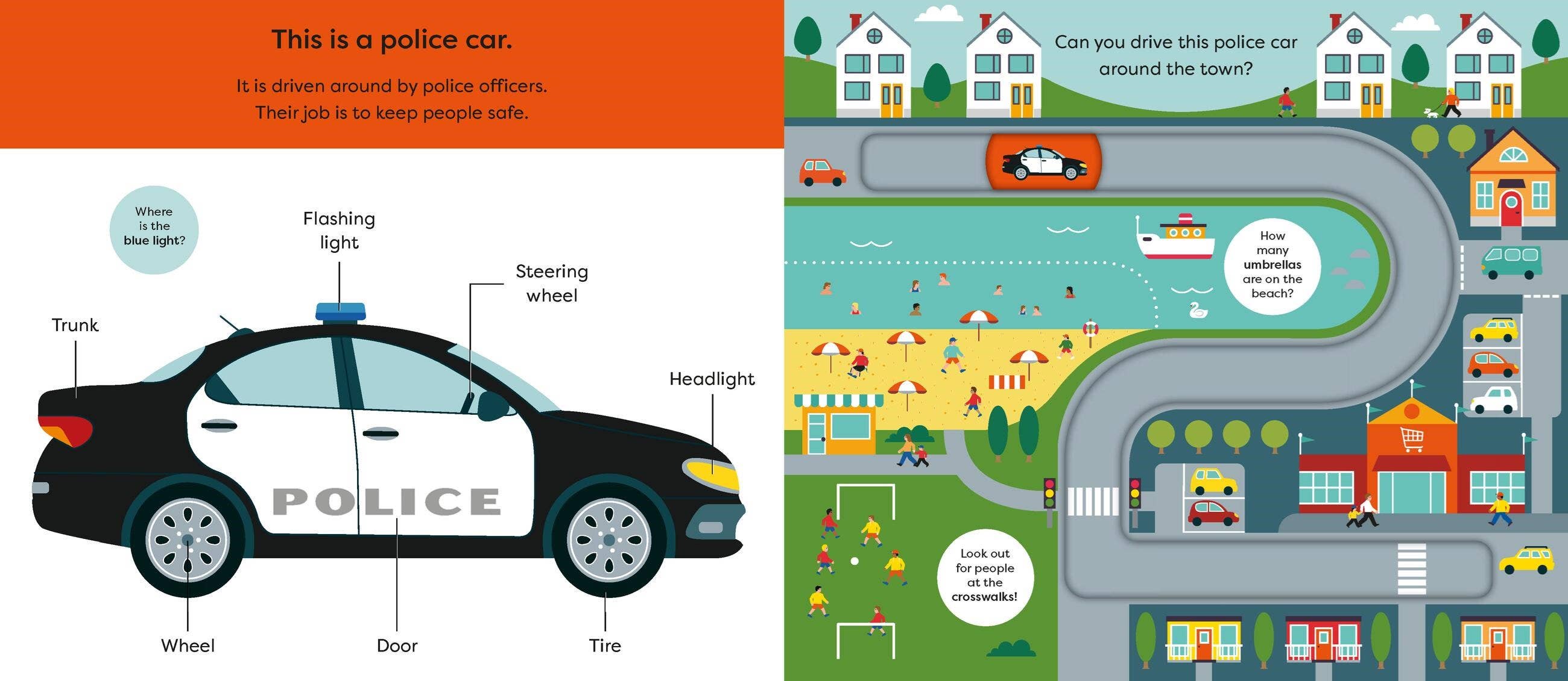 Illustration of a police car with labels and a town layout for children to interact with.