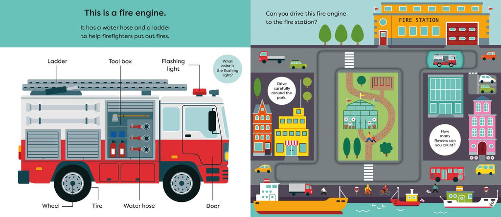 Illustration of a fire engine and a city map with buildings and roads.