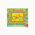 A children's activity board book titled 'Great Outdoors' by Johnny Deupendi, published by Busy Crow. The book features a light green border decorated with outdoor illustrations like trees, a campfire, and a bicycle, with a central yellow panel showing a red bicycle.