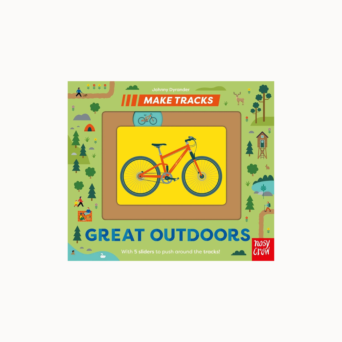 A children's activity board book titled 'Great Outdoors' by Johnny Deupendi, published by Busy Crow. The book features a light green border decorated with outdoor illustrations like trees, a campfire, and a bicycle, with a central yellow panel showing a red bicycle.