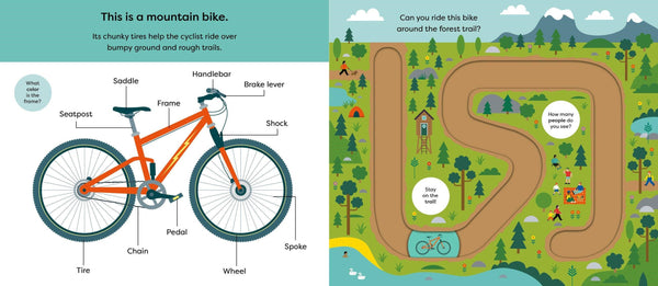 Diagram of a bicycle with labeled parts and a map of a bike trail in a forest.