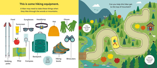 Hiking equipment illustration with a map of a mountain trail.