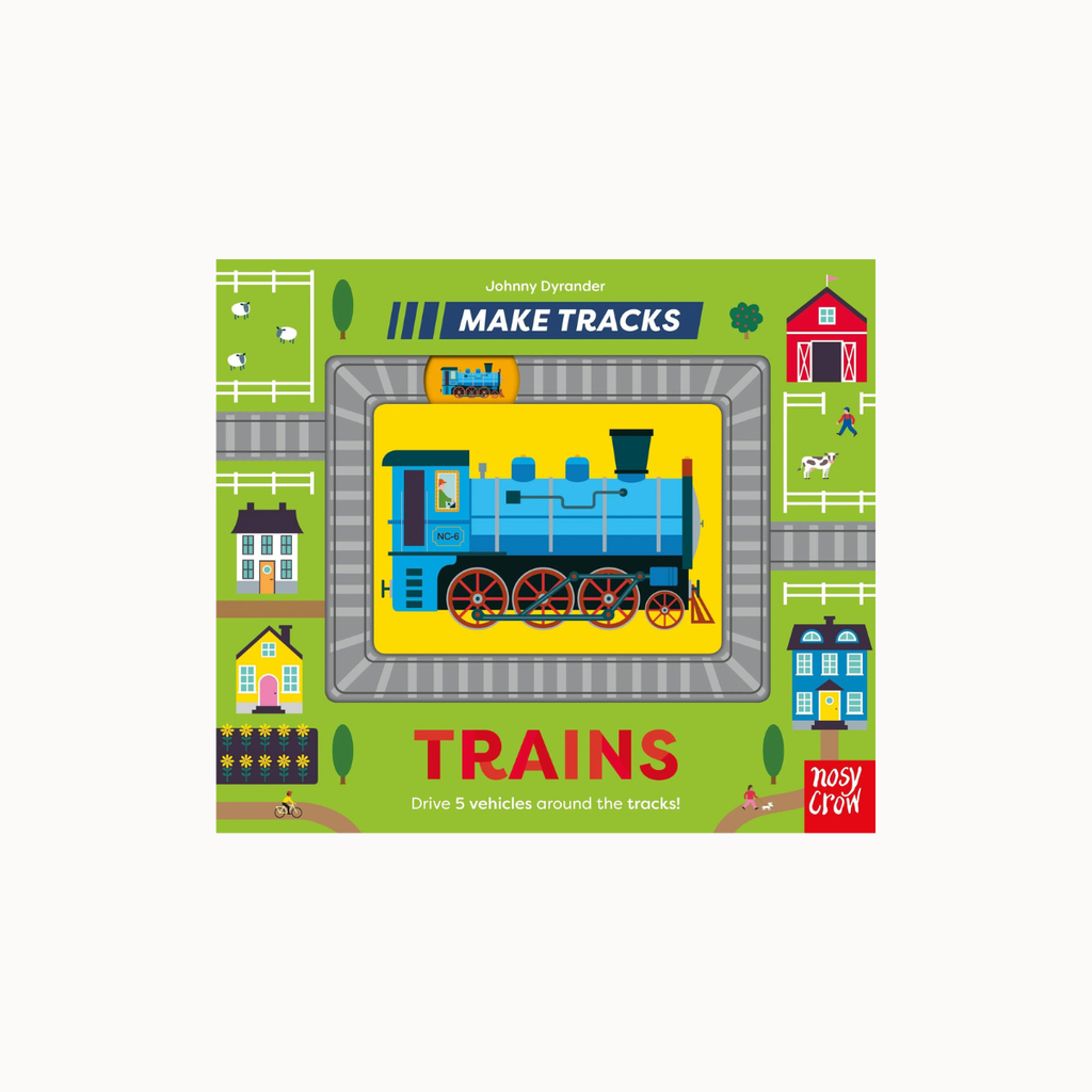 Children's activity book cover titled 'MAKE TRACKS TRAINS' by Johnny DeJonghiers, published by Busy Crow. The cover features a colorful cartoon illustration of a blue steam locomotive on a yellow track, surrounded by illustrated houses, barns, and trees on a bright green background.