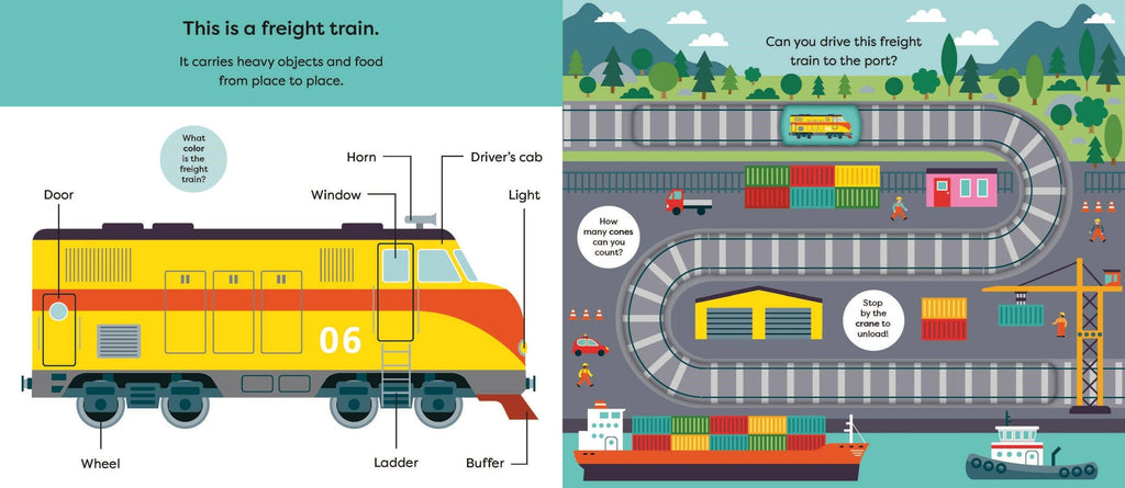 Educational illustration of a freight train with labeled parts and a diagram of a train yard.
