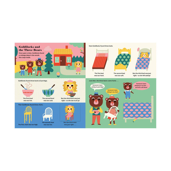 Illustrated children's book page about Goldilocks and the Three Bears with colorful graphics and text.